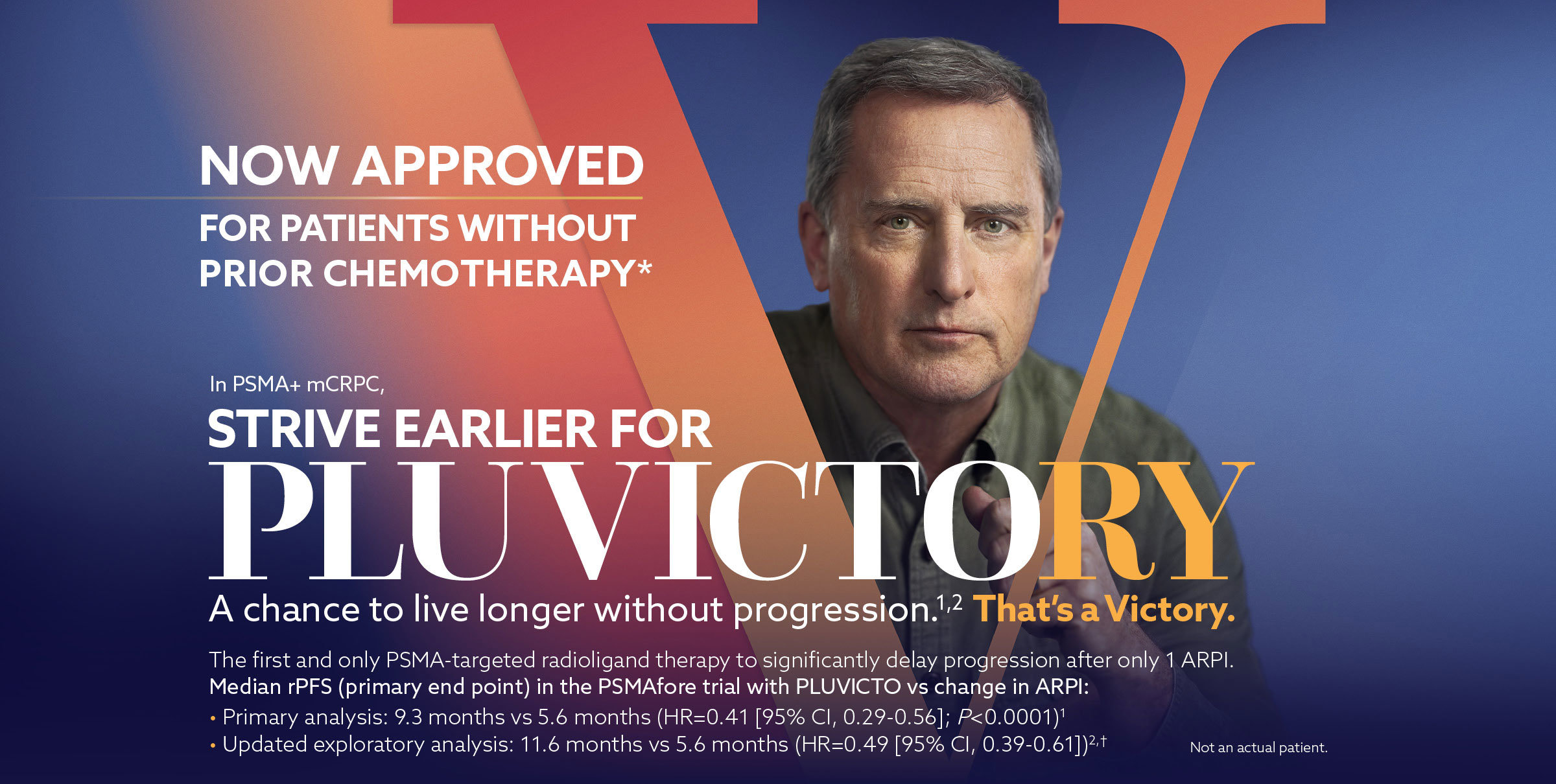 PLUVICTO Now Approved Pre-chemotherapy. For your patients with PSMA+ mCRPC, strive for Pluvictory. A chance to live longer without progression. That's a victory.