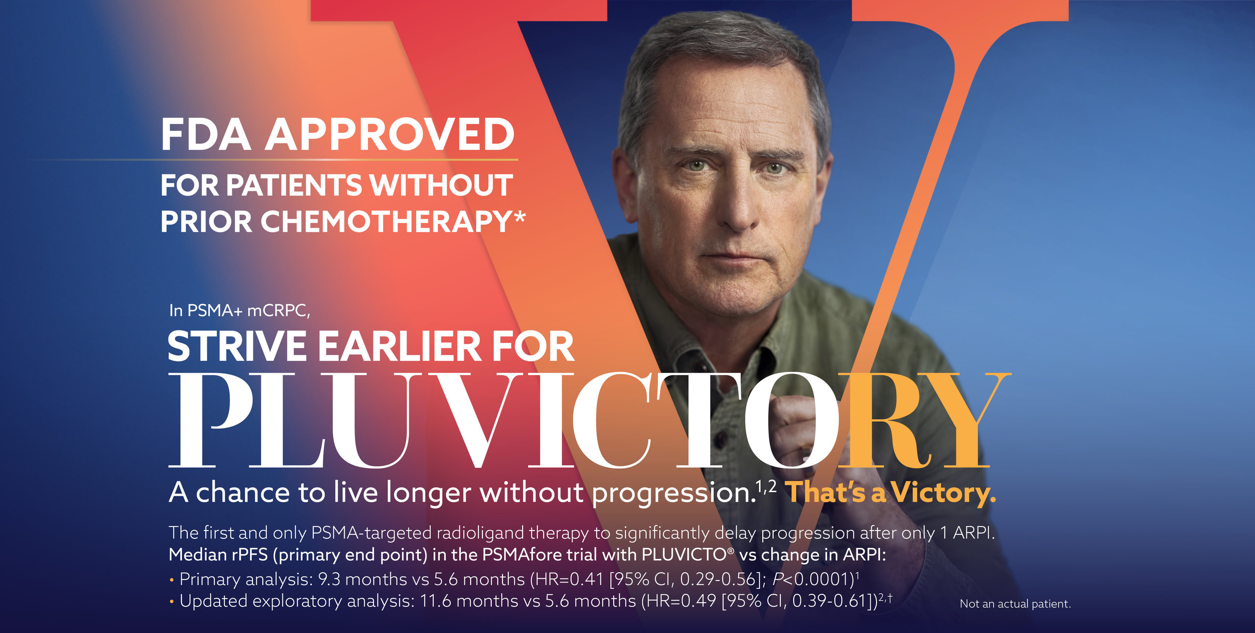 PLUVICTO Now Approved Pre-chemotherapy. For your patients with PSMA+ mCRPC, strive for Pluvictory. A chance to live longer without progression. That's a victory.