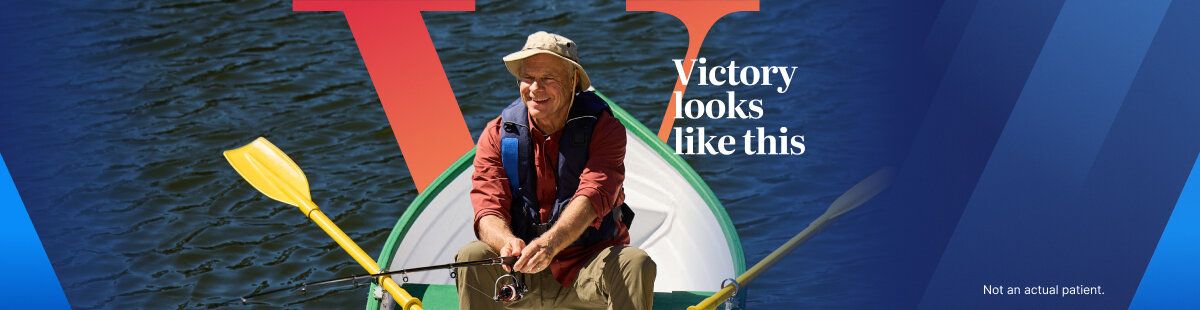 Patient living with mHSPC sitting in a row boat. Victory looks like this. Not an actual patient.